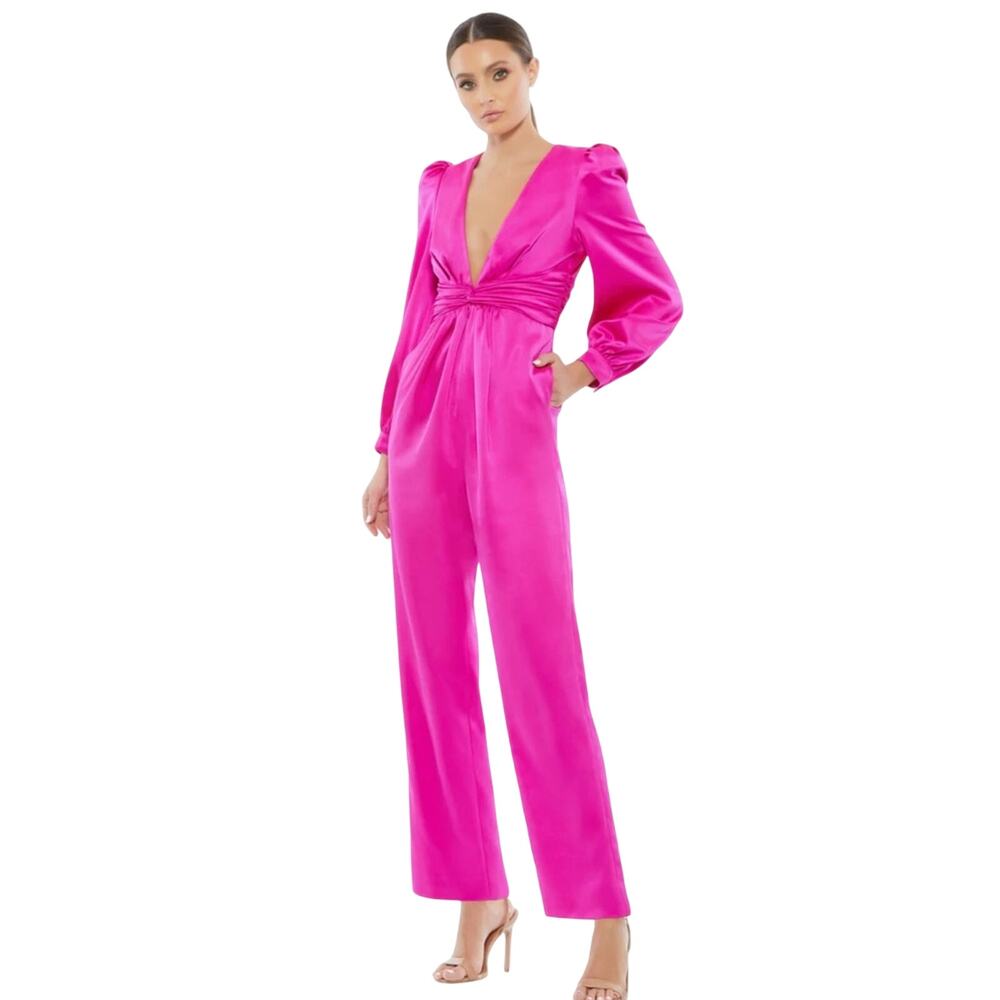 MAC DUGGAL IEENA Plunge Neck Long Sleeve Satin Jumpsuit 12 NWT*